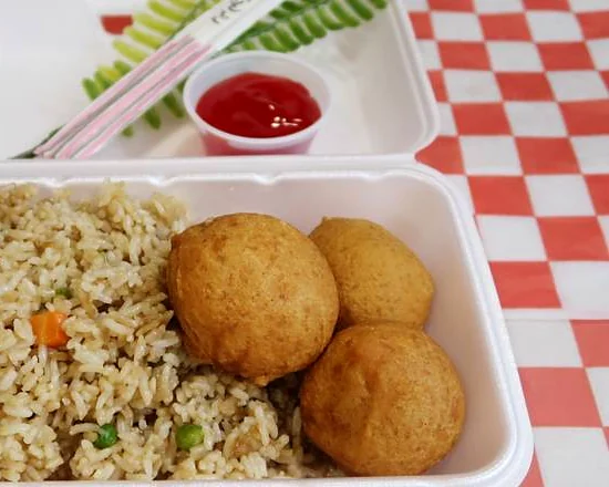 Meat Combo B: chicken balls with fried rice and sweet and sour sauce